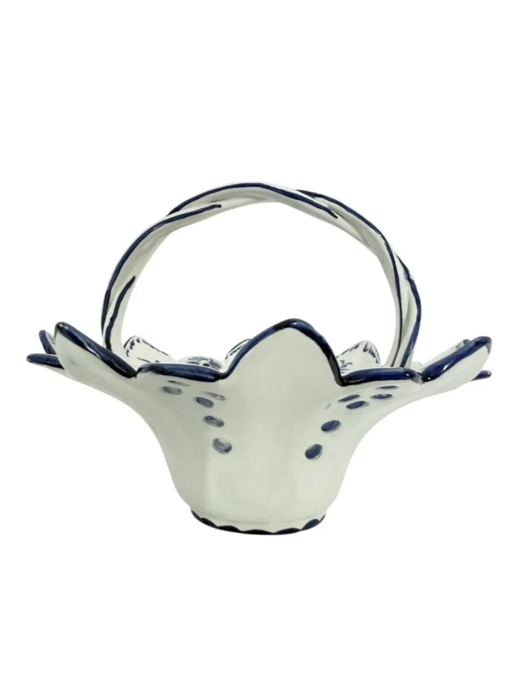 VTG Signed RCCL Ceramic Basket Portugal Hand Painted Floral White Blue READ